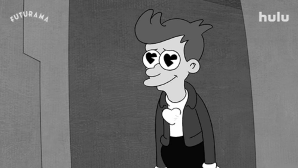 a black and white cartoon of a man holding a heart with the words futurama on the bottom