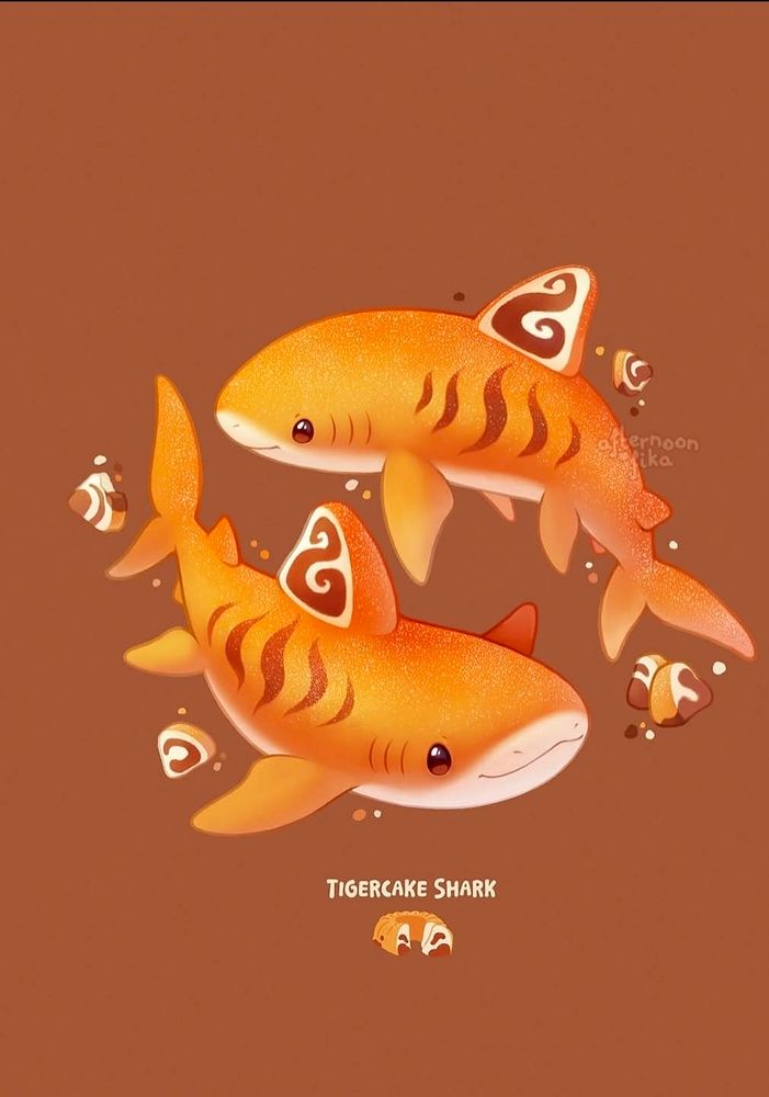 Two adorable orange sharks with tiger patterns swim around each other. Titled: Tigercake shark by Afternoon Fika
