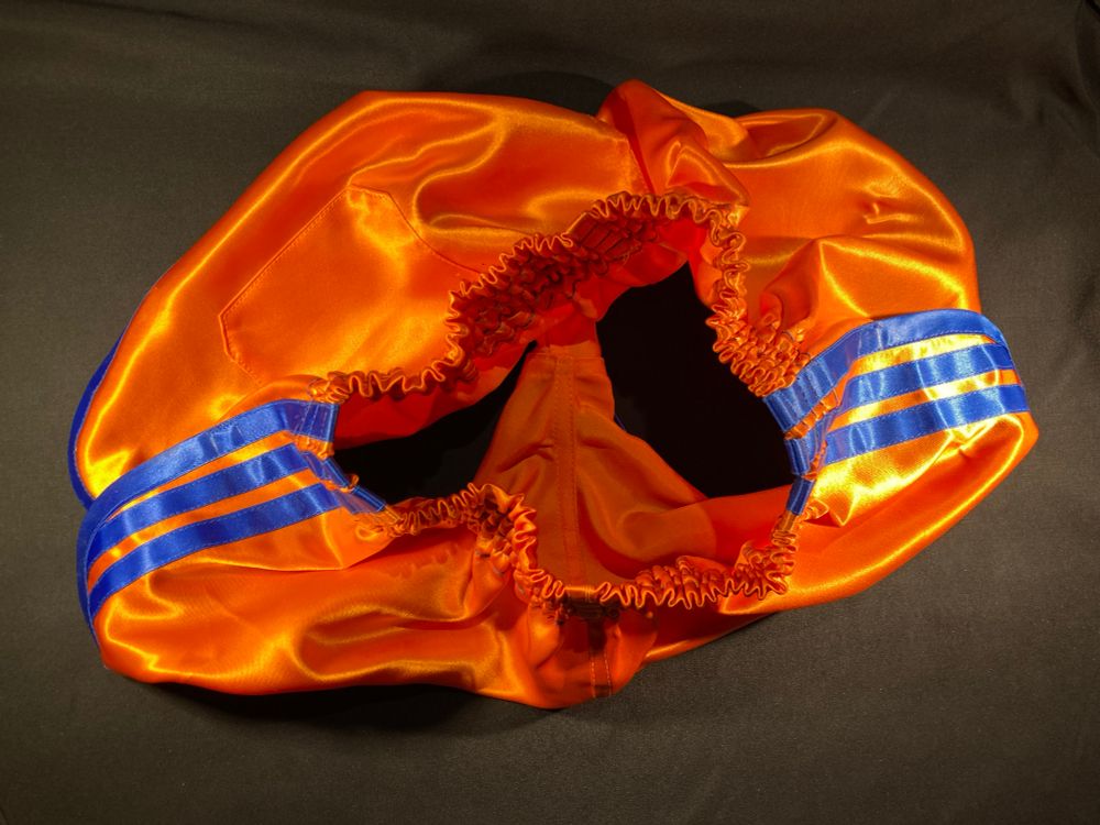 Homemade shorts in orange with royal blue leg trim and stripes 