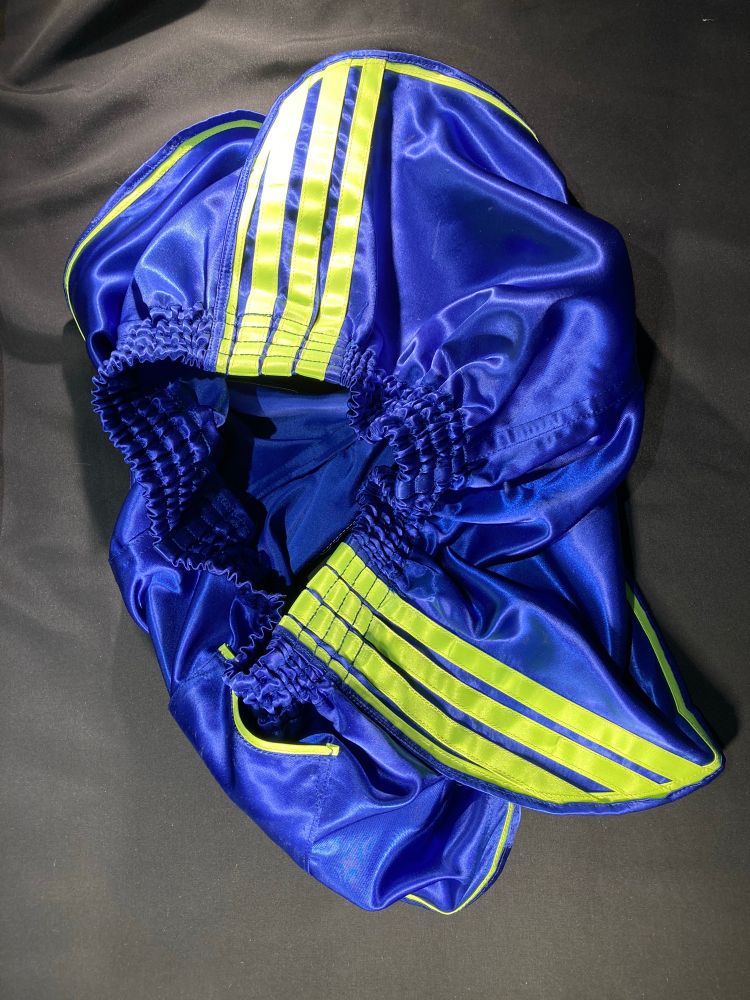 Homemade shorts in royal blue with fluo green leg trim and stripes 