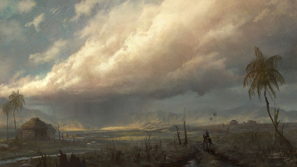 a painting of a desolate landscape, with a few palm trees and kampung houses scattered across it. huge monsoon clouds gather in the background, lit by the morning sun. a person on a horse walks towards the rain.