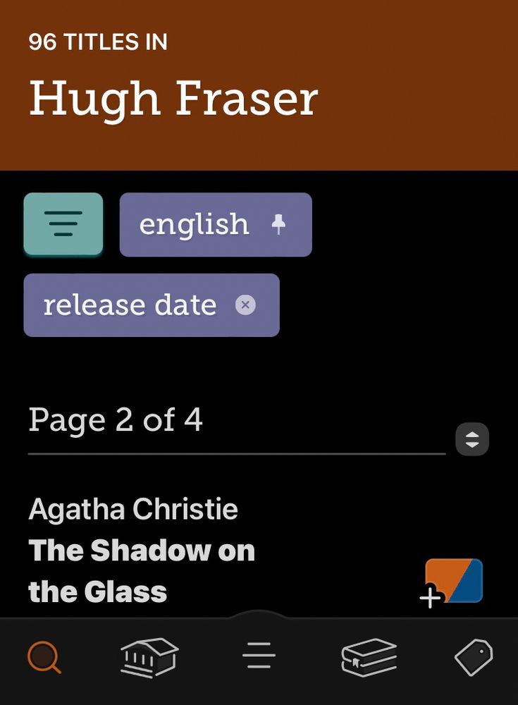 White text on black background with orange accents showing that actor Hugh Fraser has narrated 96 audiobooks per the LA Pubic Library in the Libby.app 