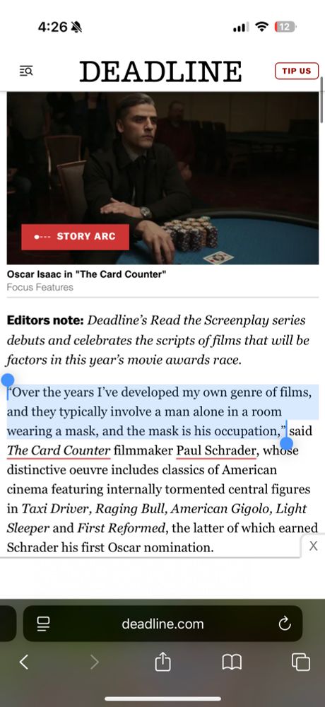 A screenshot of Deadline’s article on Paul Schrader’s film The Card Counter. 


