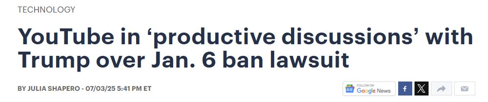 Another media company bows down to Trump...

YouTube in ‘productive discussions’ with Trump over Jan. 6 ban lawsuit
