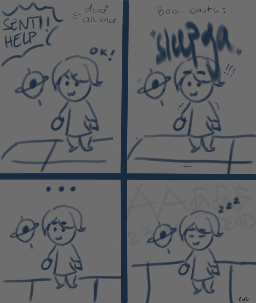 4 panel comic made by me. panel 1 has a speech bubble of dead alliance members that says "senti! help", while the character Sentient has a determined pose and expression and says ok. panel 2 shows senti hit by sleepga. panel 3 has senti pausing after the hit. panel 4: senti is asleep. the scream of dead alliance members haunt the background. end.