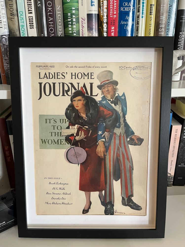 Image of a woman dragging Uncle Sam along.  Text: “It’s up to the women.” Ladies Home Journal, February 1932. 