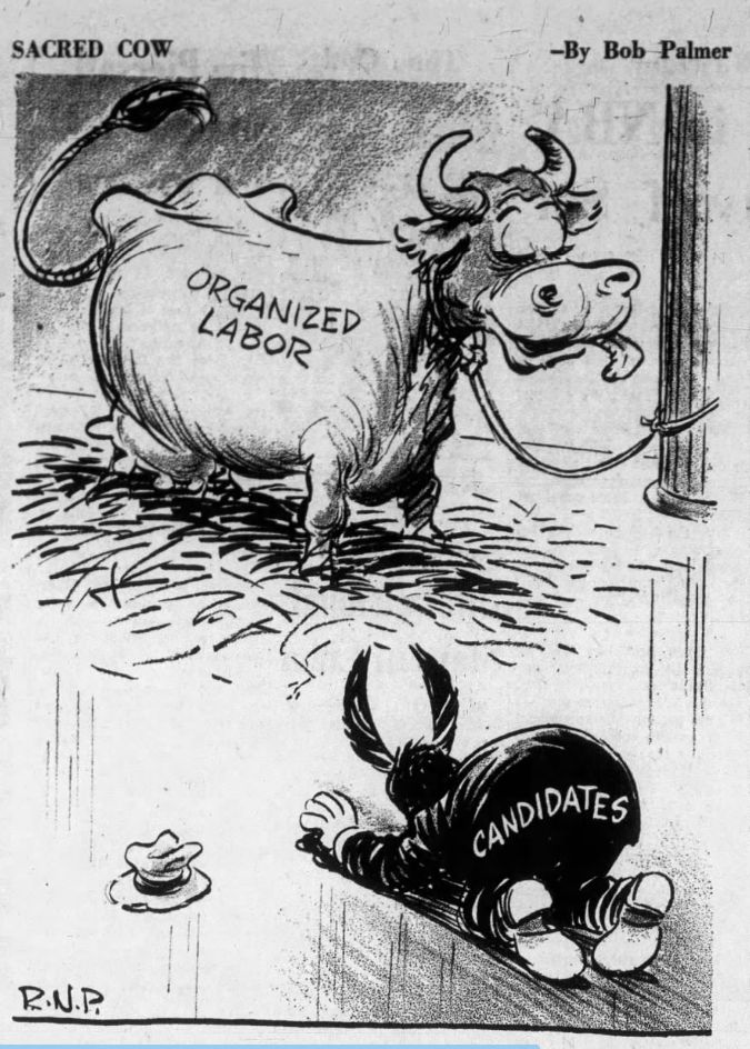 Description of a donkey (with "candidates" written on its behind) on their knees, bowing to a cow (with "organized labor" on its side). The cartoon is titled "Sacred Cow" and was drawn by Bob Palmer.