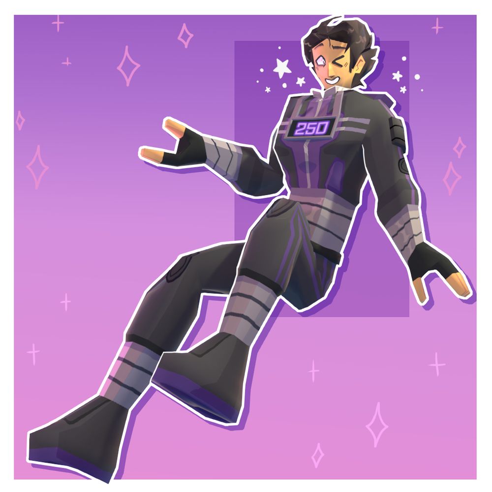 an edited 3d render of 250 (OC with black short hair, slightly tan skin, and a black and purple futuristic looking outfit) floating and winking at the camera with stars in the background