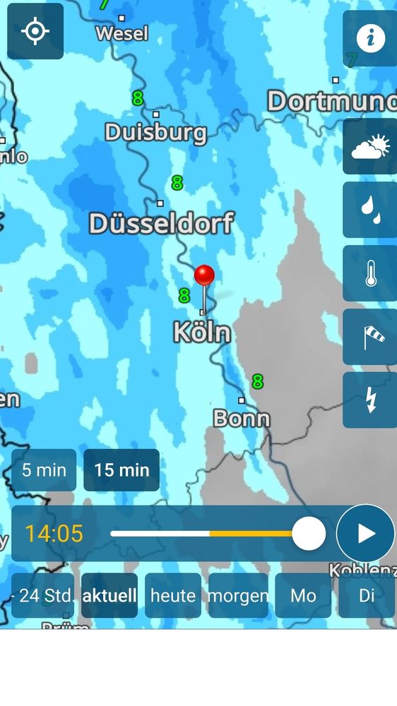 Regenradarbild mit nur Regen ab 14 Uhr in köln