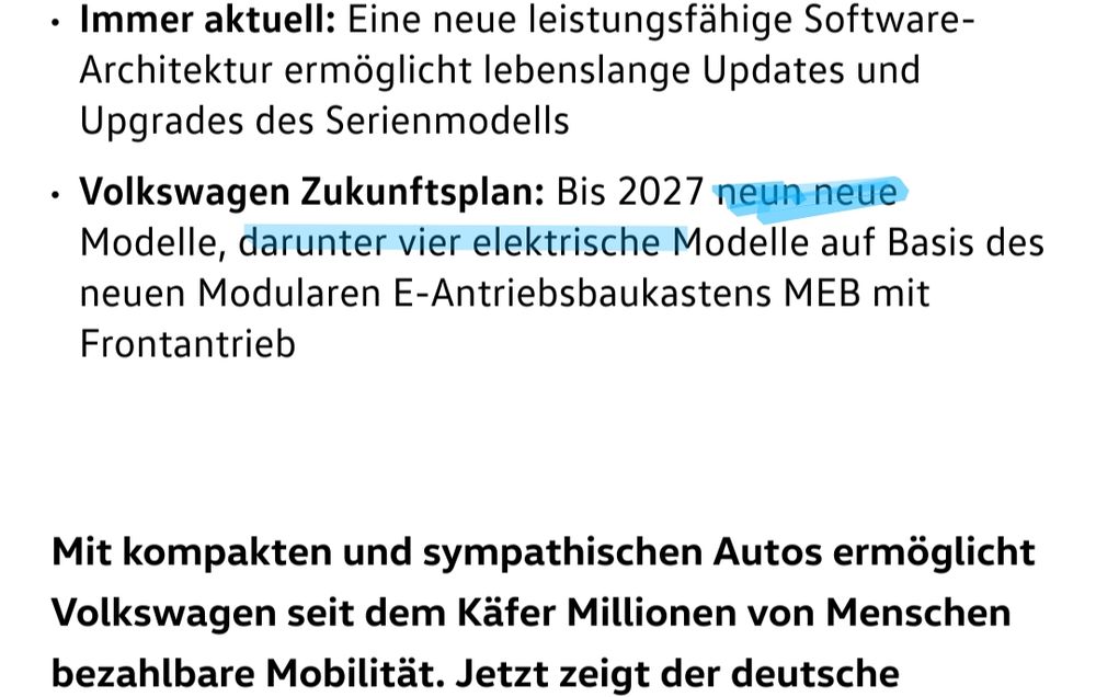 Screenshot der Website; "Bis 2027 neun neue Modelle, darunter vier elektrische Modelle (...)" 