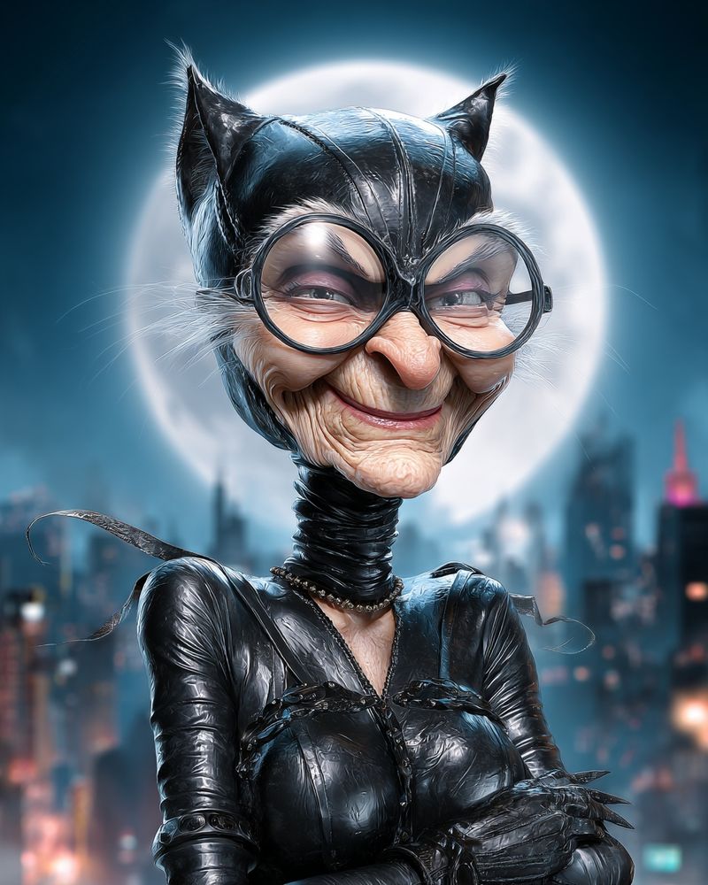 A humorous caricature of an old washed-up Catwoman, wearing full iconic Catwoman costume with black form-fitting bodysuit, with distinctive exaggerated features magnified for humor, whimsical and playful, with comical elements, lighthearted, set against a busy Gotham city backdrop, full moon