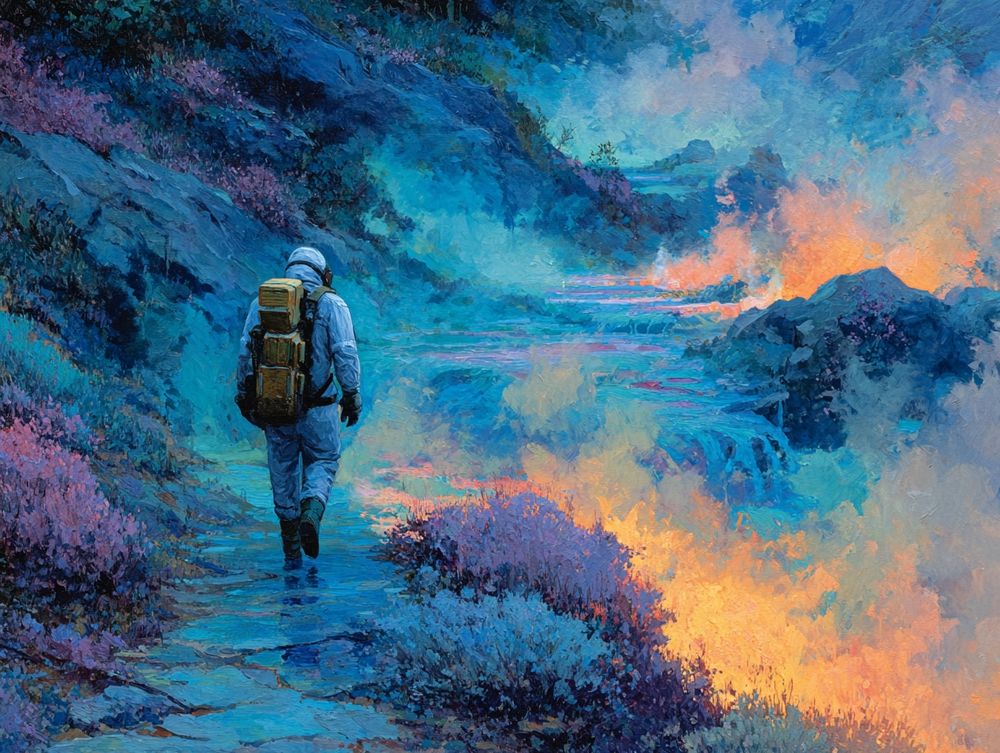 Symbolist oil on canvas, loose brushwork, layered glazes, explorer in hazmat suit and gas mask walking through rugged exoplanet with colorful geysers, muted blue tonality with orange accents, dreamlike ethereal atmosphere` --ar 4:3 --stylize 300