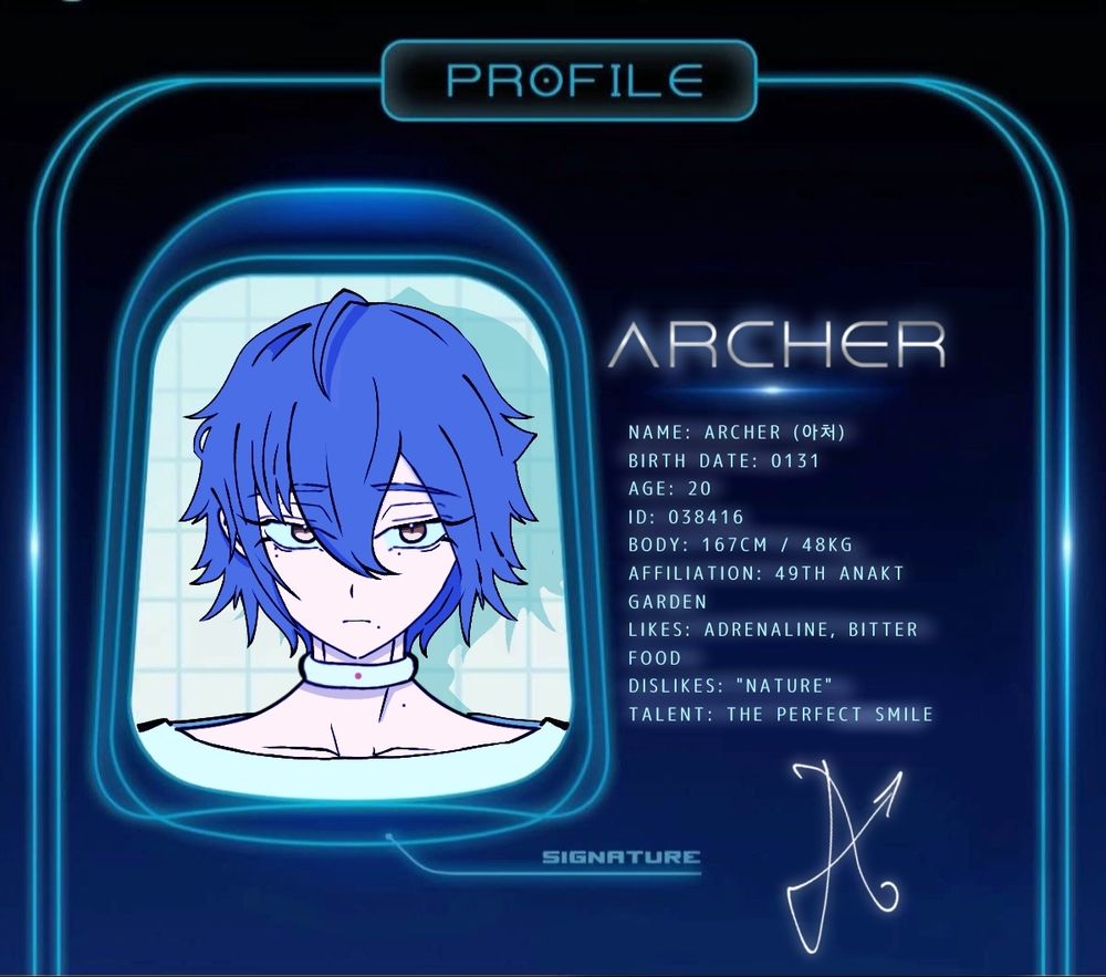 Archer, Alien Stage Oc, La imagen muestra un diseño futurista con tonos azules y elementos luminosos. En el centro, aparece un personaje con cabello corto y desordenado de color azul, piel clara y una expresión neutral. Lleva un collar sencillo con un detalle pequeño en el centro. A la derecha, se presenta información del personaje en formato digital, destacando datos personales, preferencias y habilidades. En la parte inferior, hay una firma estilizada que incluye una "A" con un diseño de flecha.
