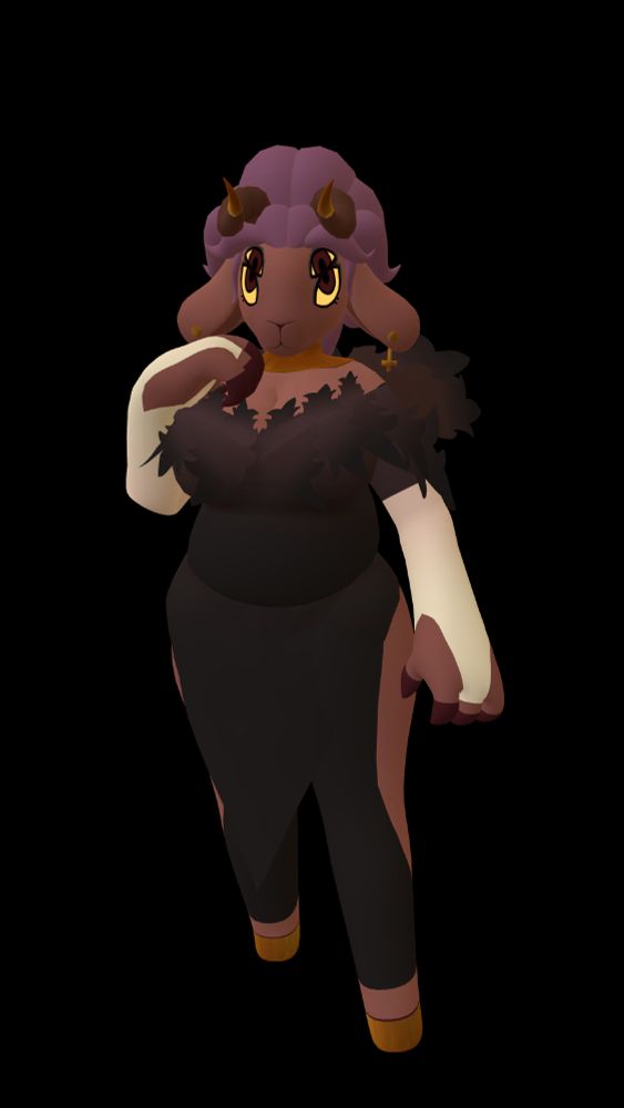 A screenshot with a transparent background. Pictured is an anthro sheep lady facing the viewer, she has purple hair and tail, a muzzle, brown-redish fur, 4 yellow eyes, two large horns with gold tips, maroon coloured claws and a pair of long round ears with gold earrings. The earrings are an upside down cross on her left ear and a downwards facing arrow on her right. She is wearing a gold neckcuff and a black-purplish dress with feathers going from the front of her breasts circling around to the back of her chest. She has black-purplish pants with gaps in the legs on the outside showing the fur on her thighs and lower legs. Her hooves appear gold and on her arms are white sleeves that extend past her wrist but only over her middle finger.