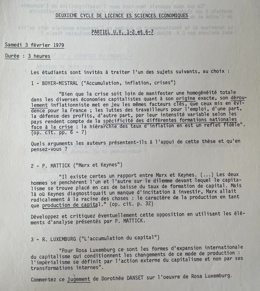Sujet d'examen de licence de sciences économiques, année universitaire 1978-79.