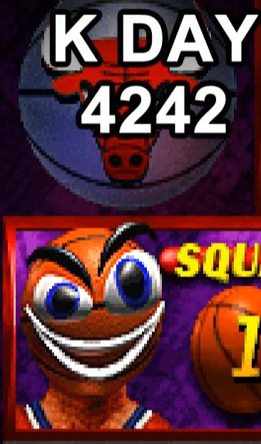 Picture of a video game character named 'Kevin Day' in NBA Hangtime Extreme.  He appears to be a man made entirely of orange baskeball leather, with a cartoony expression on his horrible basketball head.  Still probably the safest orange man I know of.