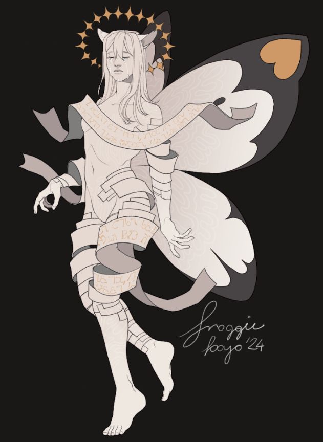 Picture depicts a woman in shades of white. She has cat-like ears, fairy wings and a relaxed pose. Her body is unraveling into scrolls with text written in enochian. Her eyes are closed, and eyebrows are raised in sorrow. Her head is adorned with a halo made of yellow 4-point stars, and white tears are streaming down her face.