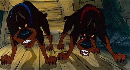 A screenshot of Roscoe and DeSoto from Oliver and Company looking menacing 