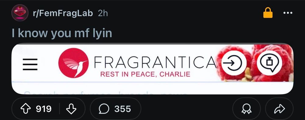 A reddit post from r/femfraglab showing that Fragrantica has added “Rest in Peace, Charlie” to their banner header 