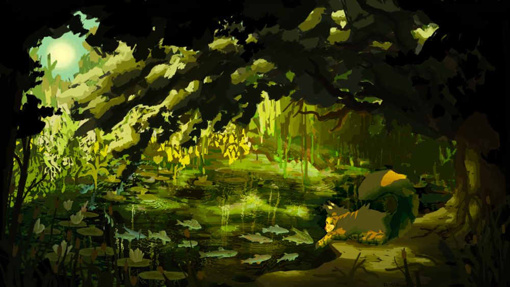 Art of a nature scene of me at the edge of a pond, dipping my paw in the water. Curious fishies come to see what’s up.