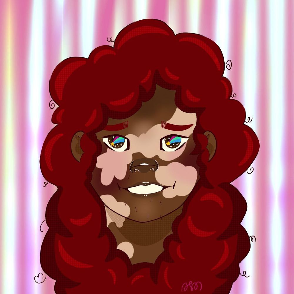 A front facing headshot of my original character Kibble, a trans man in his late 20s just starting hrt. He has dark skin with light vitiligo patches, long fluffy auburn hair, dark eyes, and some chin hairs