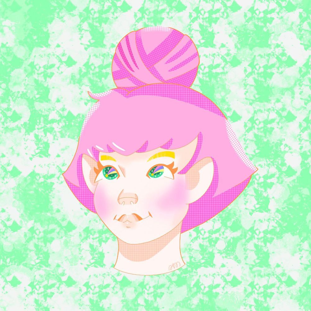 A ¾ view of my original character Yarn. She is a trans woman in her early 40s who has been on HRT for nearly two decades. She has pink hair with a top bun, mint green eyes, and light skin