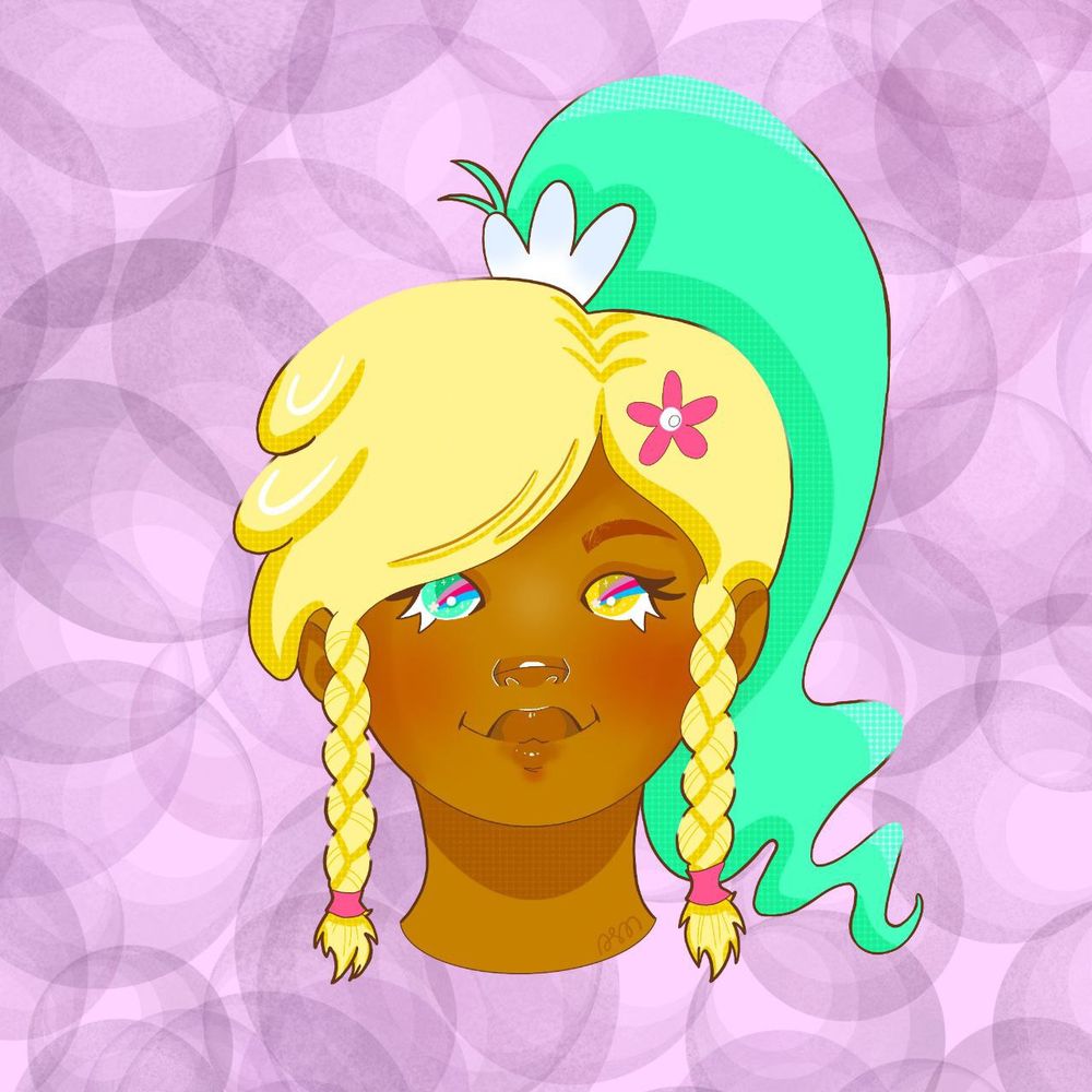 A front facing headshot of my original character Tuna. She is a cis woman in her early thirties. She has yellow side parted bangs with braids, a mint green pony tail, a pink flower in her hair, one mint green eye, one yellow eye, and medium brown skin