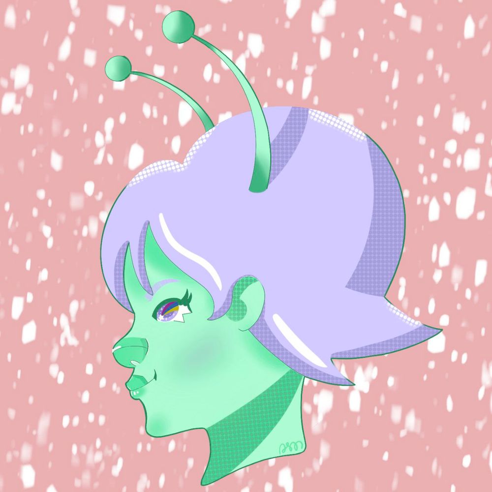 A side view headshot of my original character Bit. It is a humanoid alien with mint green skin and two antenna, and lavender hair and eyes. It does not have age in the way humans do