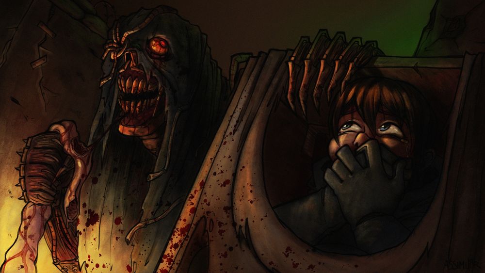 A child hides in a box from a gruesome and mangled cyborg that feasting on her fallen friend just out of sight, praying that the claws mere inches from her face don't find her.