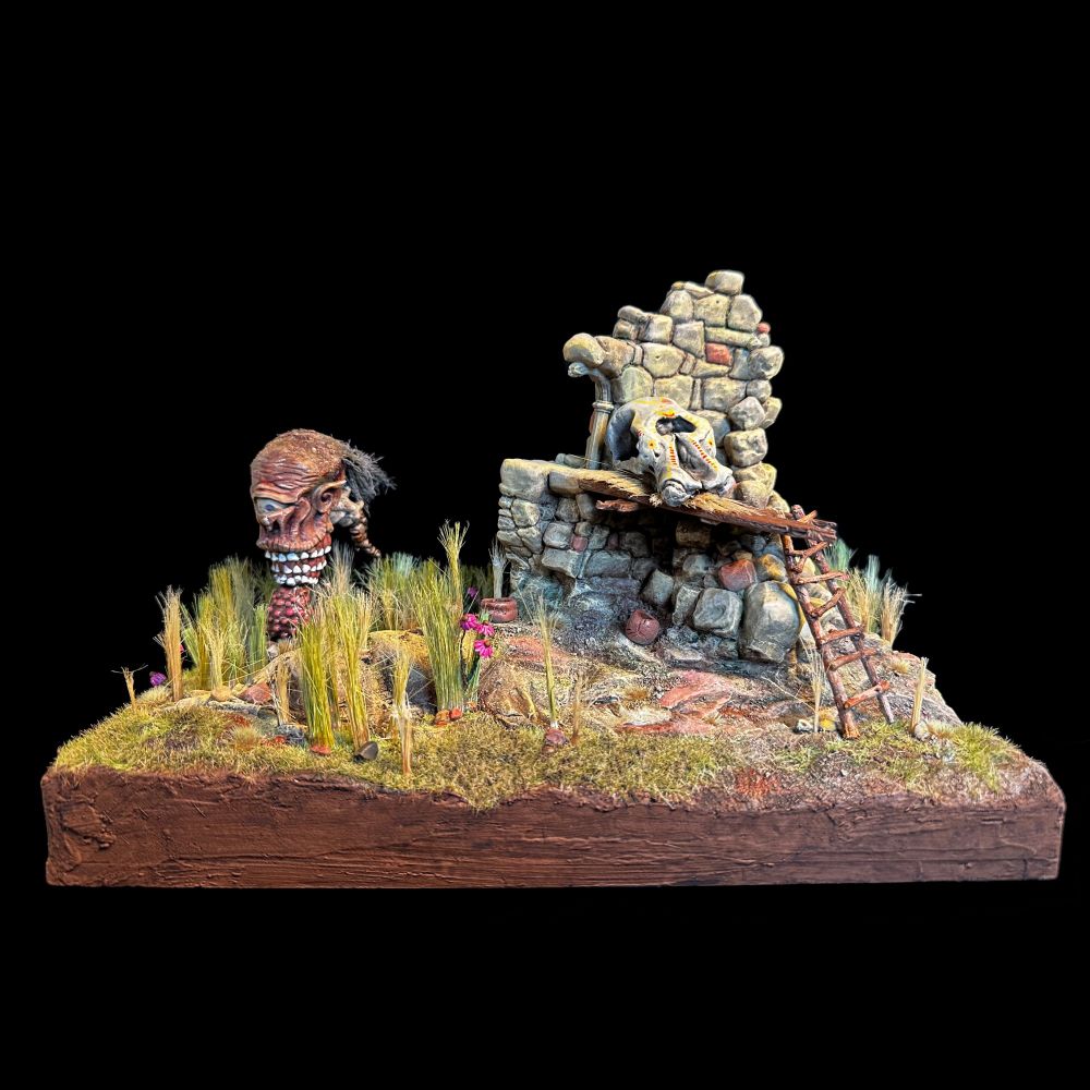 Baleful cyclopean entity guarding a ruined tower containing a mastodon skull painted with ancient runes. 