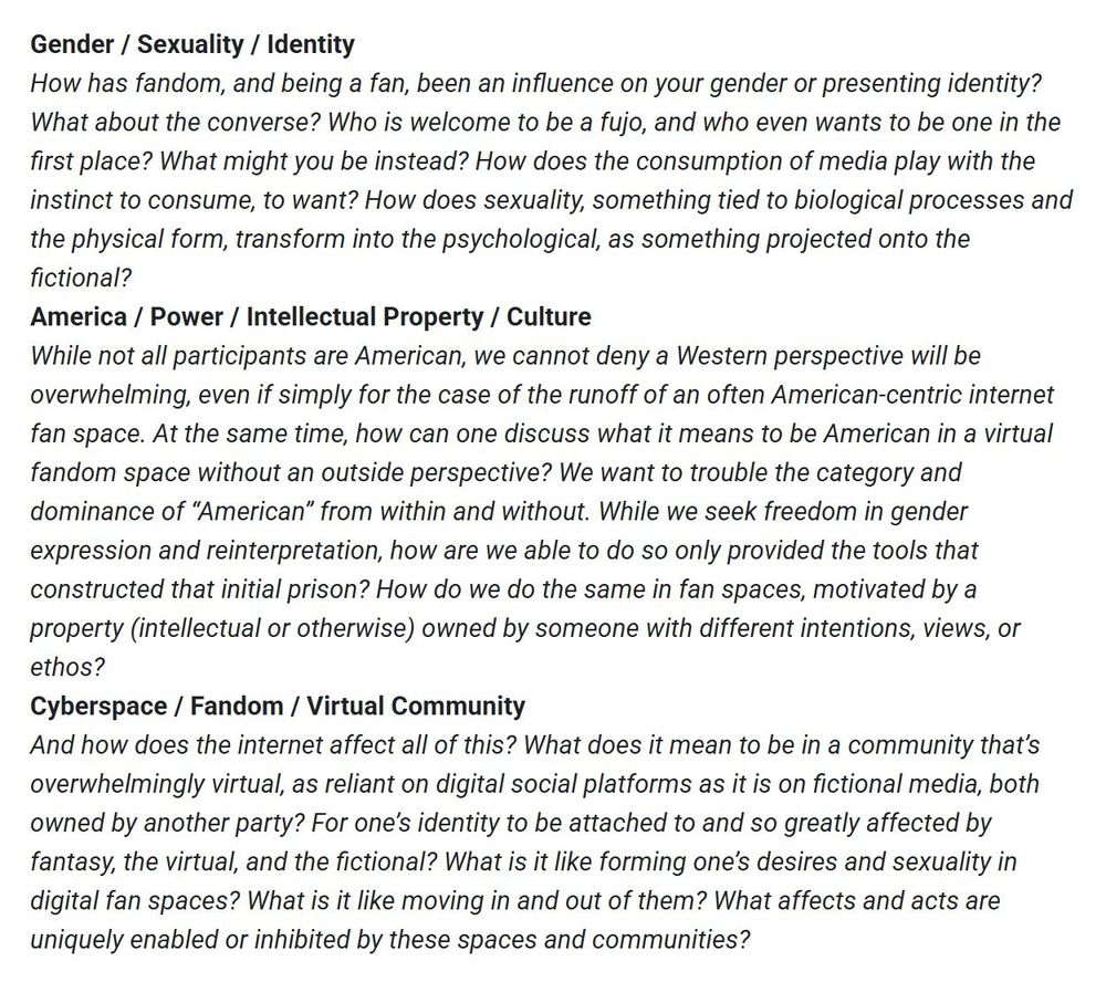 List of questions sorted into three categories: the group of "Gender, sexuality, identity," the group of "America, power, intellectual property, culture," and the group of "Cyberspace, fandom, virtual community."