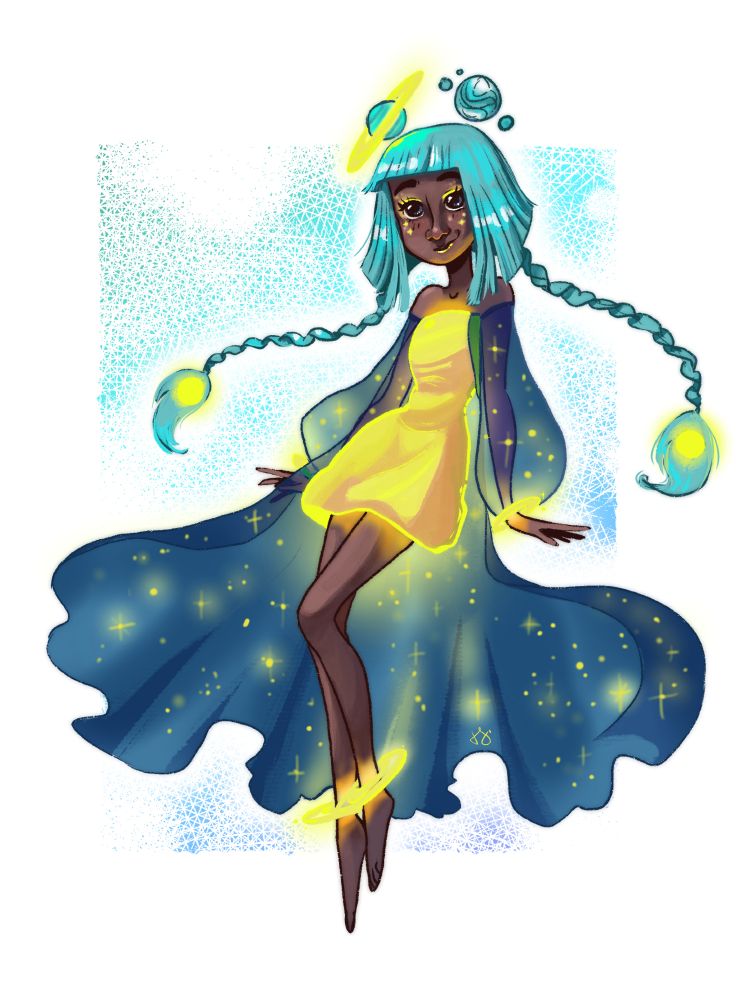 A digital drawing of a dark skinned girl with blue hair and glowing yellow dress, the buns in her hair look like planets (one has a ring around it). she's wearing a sheer dark blue overcoat decorated with glowing stars