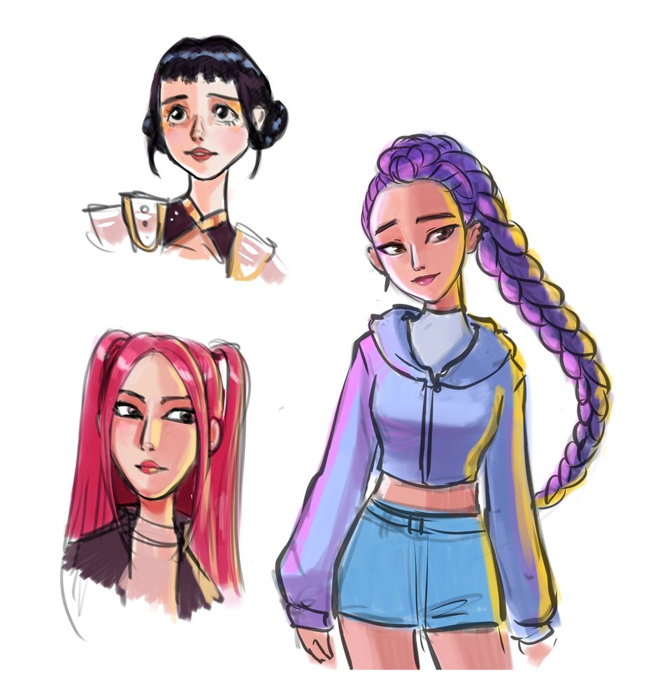 Simple digital sketches of Rumi, Mira and Zoey from the animated movie Kpop Demon Hunters. Zoey is a bust shot in her Golden outfit, Mira is a bust shot in a simple dark jacket and Rumi is a thigh shot in a blue hoodie, cropped turtle neck and denim shorts.