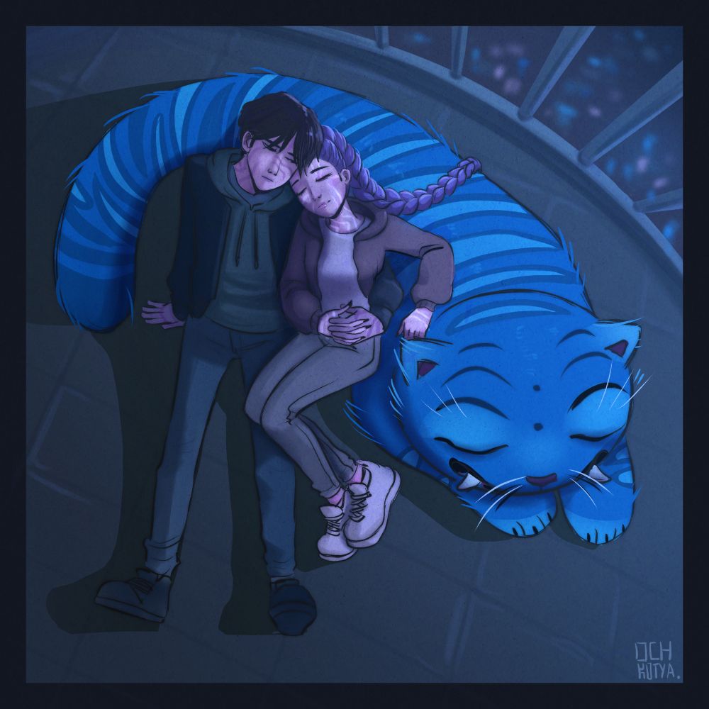 a digital drawing of Rumi and Jinu from Kpop demon hunters leaning back on Derpy the tiger (who's sleeping), Rumi with her eyes closed and Jinu has his arm around Rumi