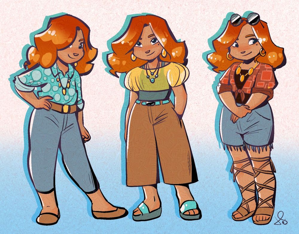 Digital drawing of a red haired tan girl (Mel, OC) in 3 versions wearing different outfits: a blue blouse and jeans, a yellow sheer blouse over teal tank top and flare light brown pants, and a red crop top with rolled up sleeves over dark red shirt with jeans-shorts.
