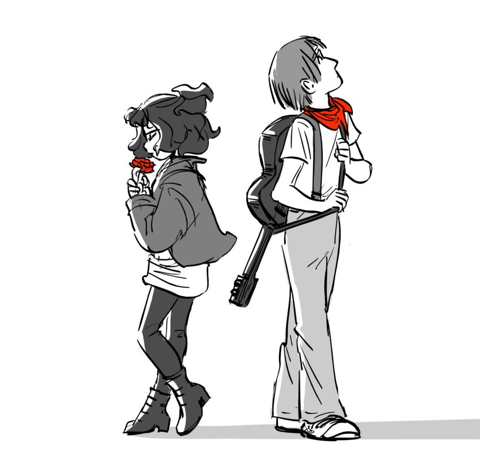 Black and white digital drawing of Eurydice and Orpheus as portrayed in the musical Hadestown. They are standing back to back, Eurydice is holding a red flower, her eyes closed, Orpheus has a guitar on his back, he's looking up