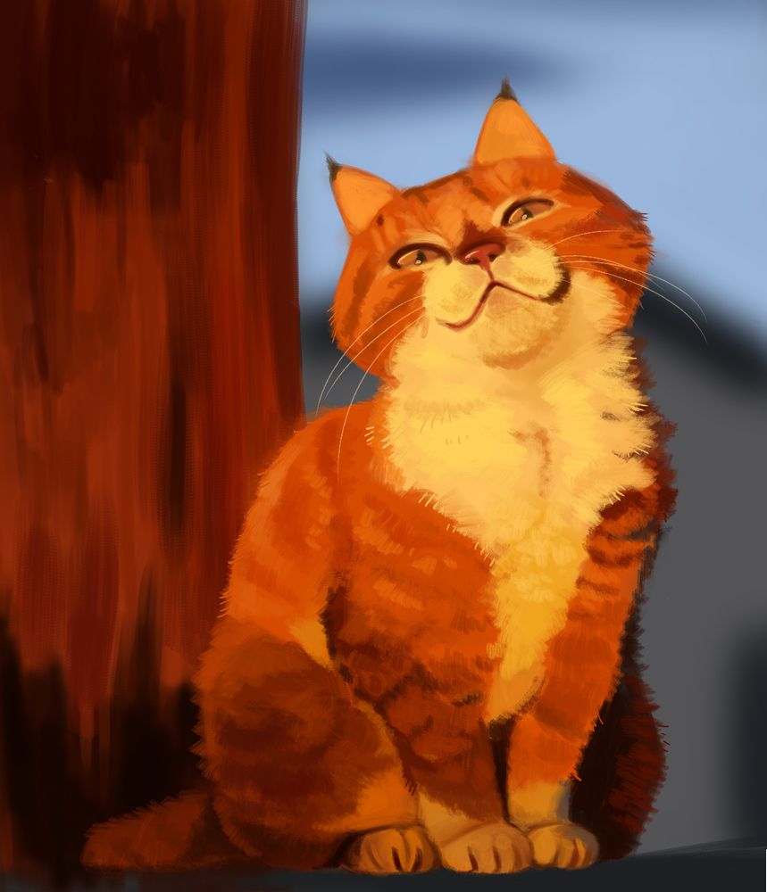 A digital drawing of a smug looking orange cat with white belly, sitting in front of a tree, lit by the setting sun