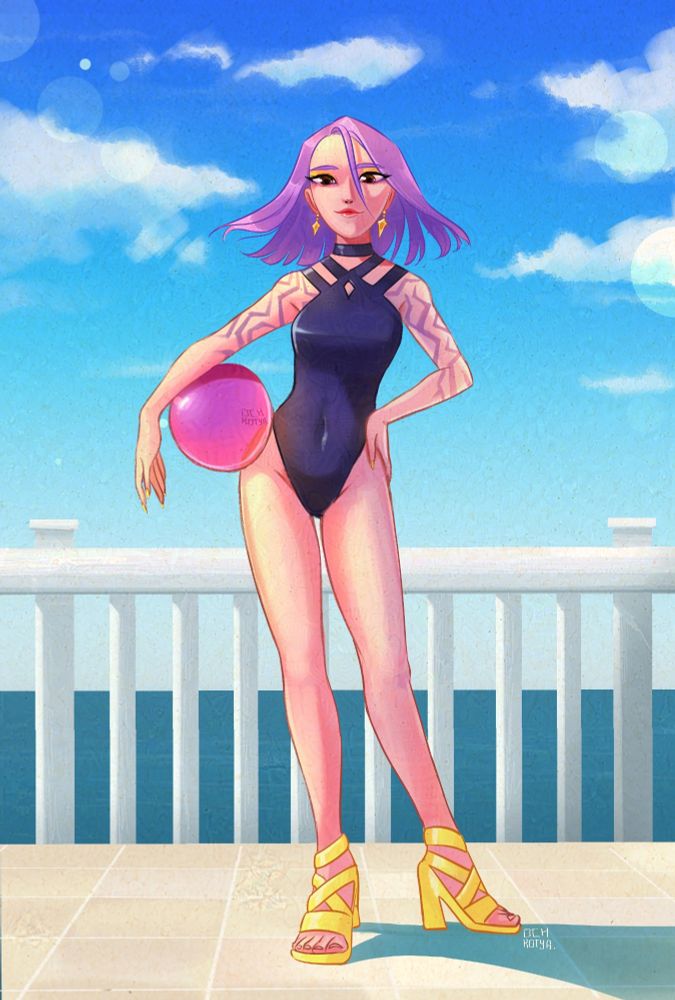 a digital drawing of Rumi, main character from Kpop Demon Hunters, standing on a sunny seaside walkway, blue sky and sea behind her. She has short purple hair, and is wearing a dark navy one piece swimsuit.