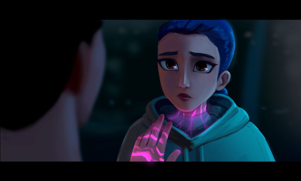 a digital drawing of a screenshot from the movie Kpop Demon Hunters, featuring Rumi and Jinu, Rumi facing the camera, Jinu out of focus with his back to the camera, Rumi's demon marks are glowing on her neck.