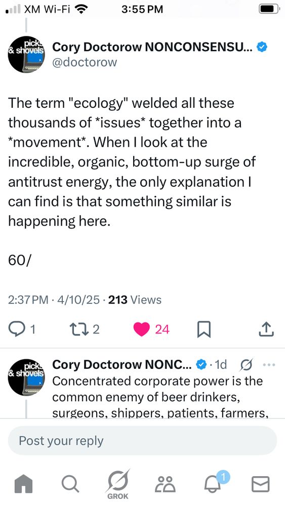 Photo capture of Tweet by author: “The term ecology [coined in the 60’s] welded all these issues together into a movement. When I look at the incredible, organic, bottom up surge of antitrust energy, the only explanation I can find is that something similar is happening here.” And “Concentrated corporate power is the common enemy of beer drinkers, surgeons, shippers, patients, farmers…”