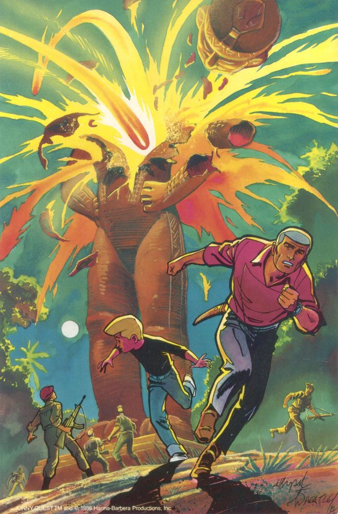 Jonny Quest and Race Bannon run from an exploding statue.