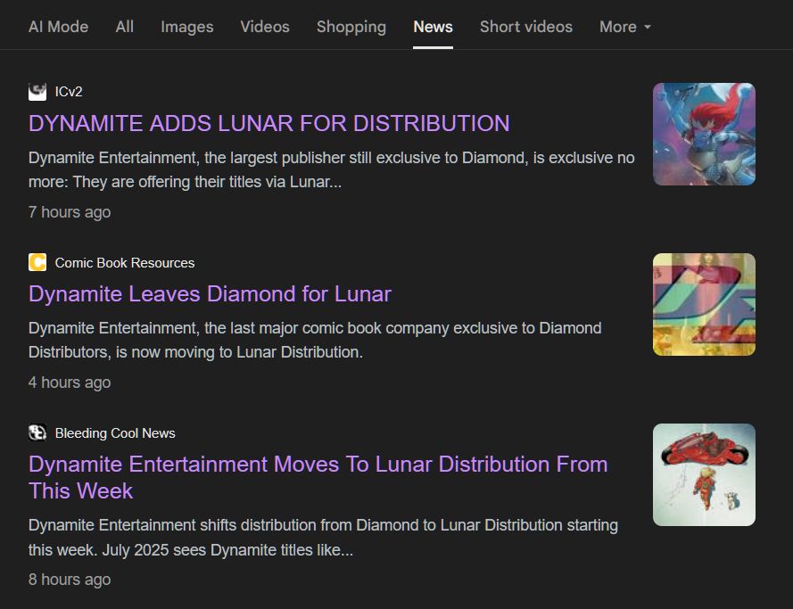 News feed showing headlines such as "Dynamite leaves Diamond for Lunar" and "Dynamite Entertainment Moves to Lunar Distribution from this week"