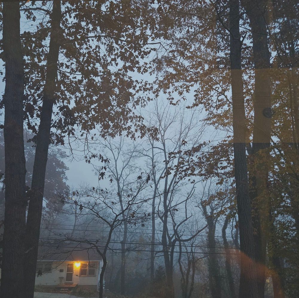A beautiful soft foggy view in the early light of dawn of a autumn morning with some trees devoid of leafs in the center background from which the fog prevents seeing anything else beyond. The forefront trees and their trunks in the forefront on either side still hold on to their leaves, bit with the fog and low light all you can see is their silhouette with barely a ting of yellow autumn color.  And a little white house with their porch entrance light still on glows in the fog on the bottom left corner. 
