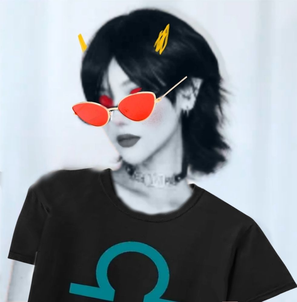 A random product stock photo poorly edited into Terezi Pyrope from Homestuck.