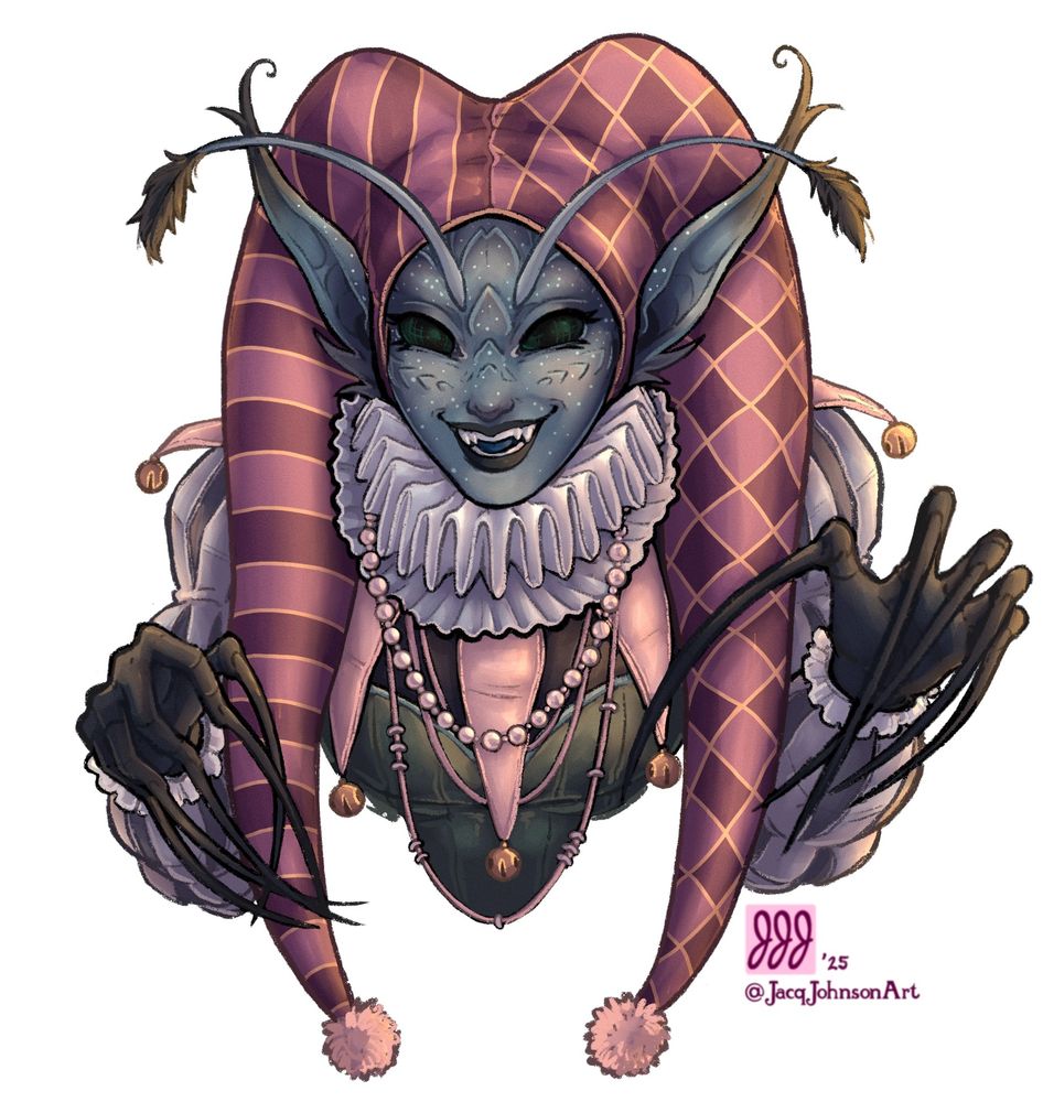 A blue-skinned elf with long ears that curl at the ends, and antennae with tufts of hair at the ends, grins wildly. She has huge black bug-like eyes, bright white teeth, and a blue tongue showing behind her teeth. She has ridges along her cheekbones and forehead that look like petals. Around her neck is a layered white ruffle collar, pink necklaces, and a pink, bell-adorned jester collar. She has poofy gray/white sleeves and a pink twin-tailed jester hat. She makes menacing clawed hands, which bend unnaturally, and have freakishly long black nails. 