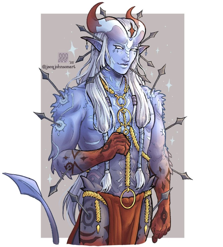 A blue and red-skinned tiefling stands smugly looking at the viewer with all white eyes. He has long white hair, a gold chain harness, and a red loincloth. Silver pins stand out from various parts of his skin.