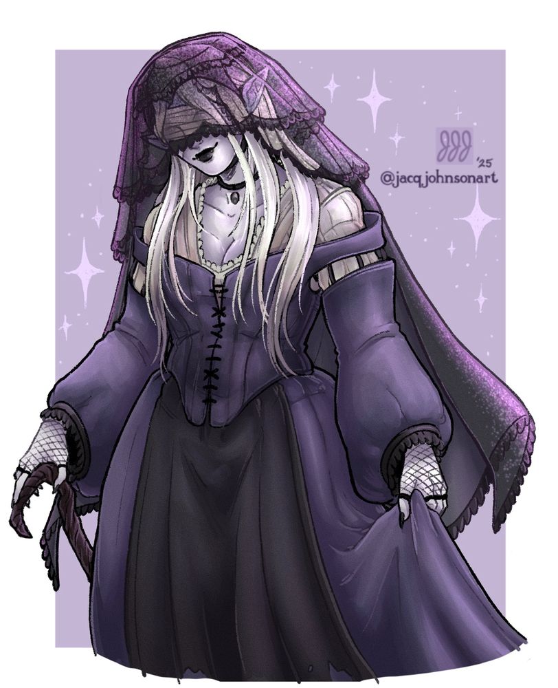 A veiled vampire woman with pale skin, long white hair, and a deep purple dress. She wears a glittery veil over her bandaged eyes. She bows to the viewer, leaning slightly on a cane in her right hand. 