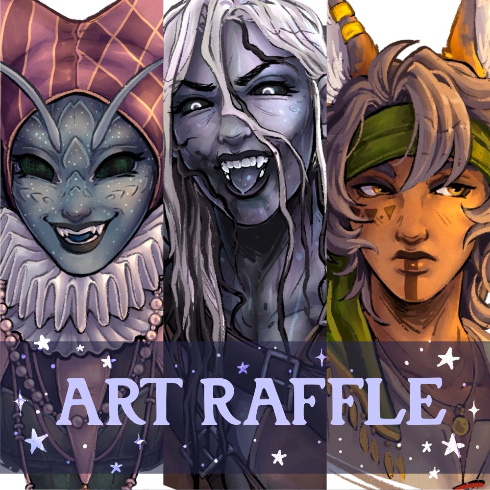 A art raffle post showing 3 portraits 