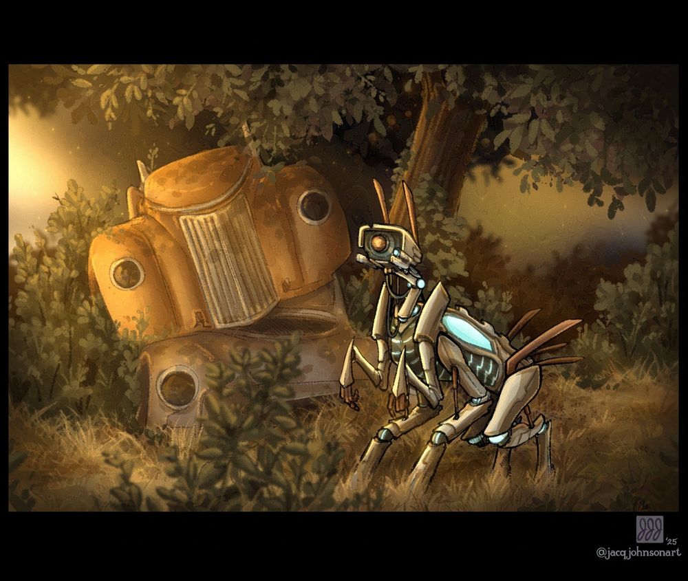 A 6-legged robot, 4 legs like a dog, and an extra two limbs like hands, stands in an overgrown junkyard. It's head is similar to a security camera, with expressive antennae (like ears), it looks quizzically into the sun. Its body glows bright blue with cybernetics. Behind it are two broken-down cars, stacked on top of one another, sitting underneath a large tree.