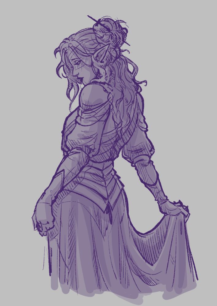 A purple sketch of my OC Rosemary wearing the Frieda Lepold Knight Dress, she is looking shyly over her shoulder, showing off the fabric plates that go down her back. She has a sword hair pin in her hair, holding it up in a messy bun.